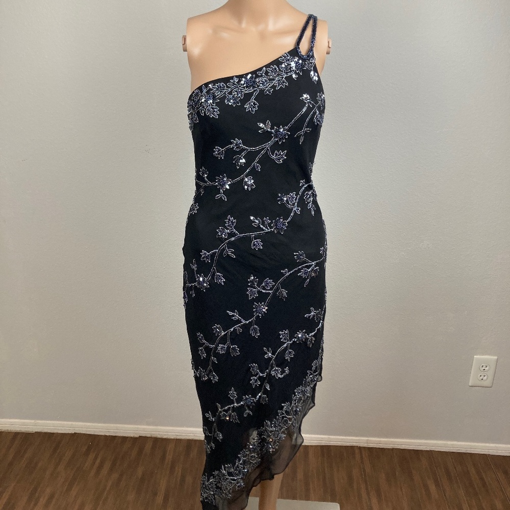 Scala Black and Silver Silk Beaded Dress Size M